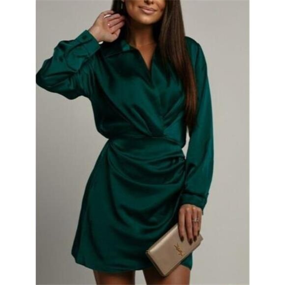 Collared Neck Long Sleeve Satin Dress - Picture 7 of 12